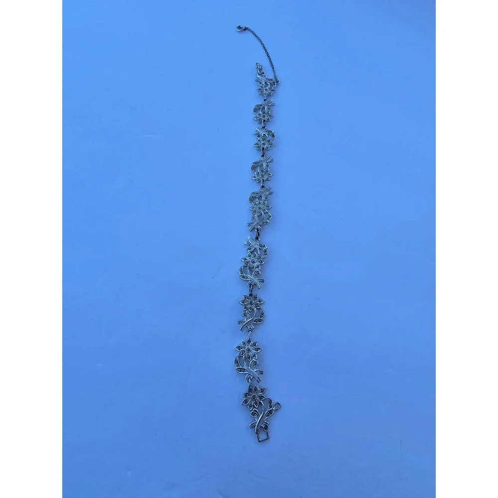 Vintage Marcasite Floral Ribbon Link Bracelet Silver Tone Safety Chain 7.25in